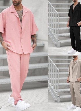 Men's casual suit 欧美时尚衬衫休闲两件套男装潮流男式时尚套装