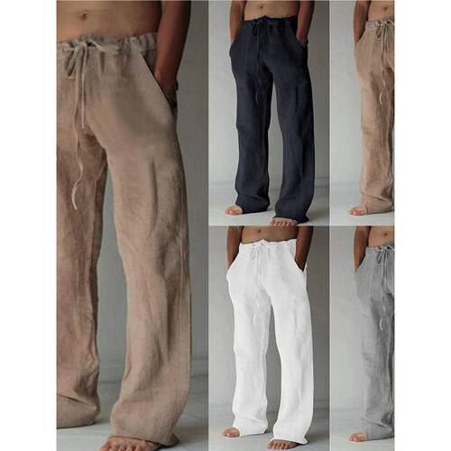 Solid color drawstring loose casual pants 男棉麻系绳休闲裤