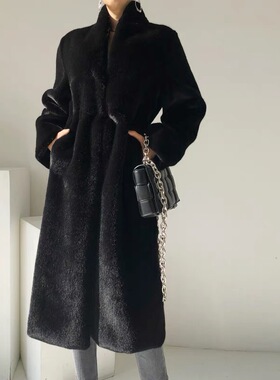 Plush jacket女毛绒外套立领冬季新款黑色中长款仿水貂绒皮草大衣