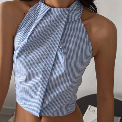 美式辣妹短款绑带挂脖露背条纹吊带背心女 Striped backless vest
