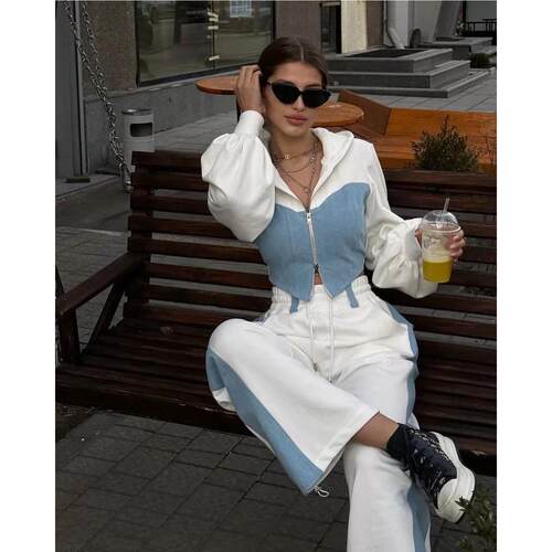 欧美风新款时尚拼接连帽卫衣长裤套装 Printed top and pants set