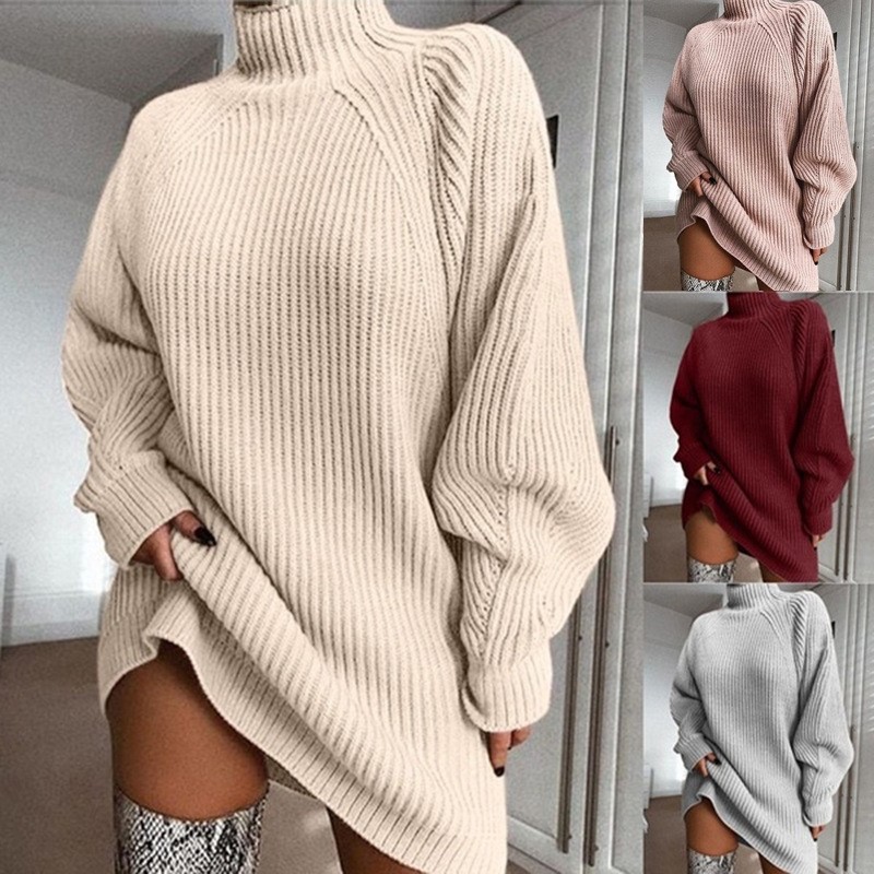 2023winter women knitted mid-length turtleneck sweater dress