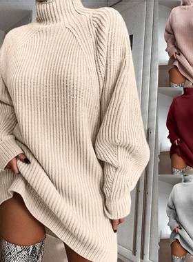 2023winter women knitted mid-length turtleneck sweater dress