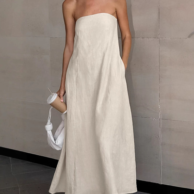 棉麻抹胸度假风法式高腰口袋露背连衣裙Bandeau backless dress