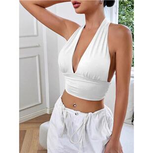 deep neck backless top 短款 halter 深V领露背挂脖上衣女Short