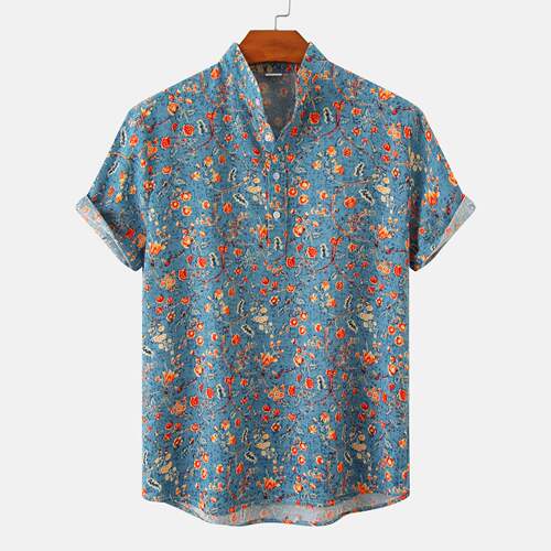 Hawaiian Shirt Men Half Placket Collar Beach Shirt Vacation
