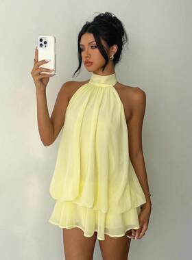 Hanging neck and waist top fluffy short skirt dress women