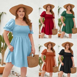 women plus size dresses summer 胖女人夏季 200斤大码 方领连衣裙