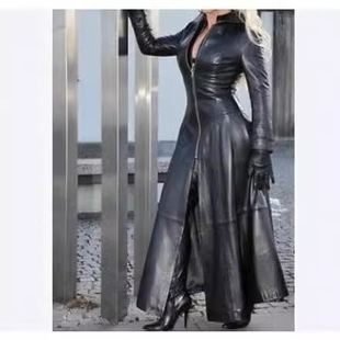 2023 Long PU Standing Collar Leather Coat 立领皮衣