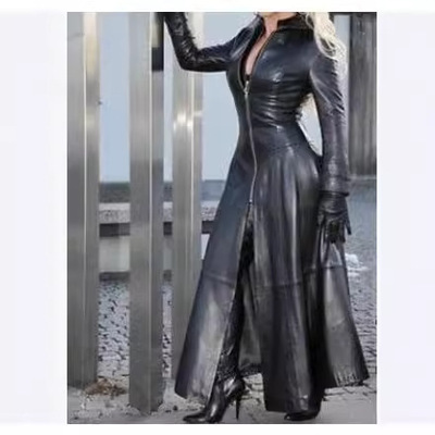 2023 Long PU Standing Collar Leather Coat 立领皮衣