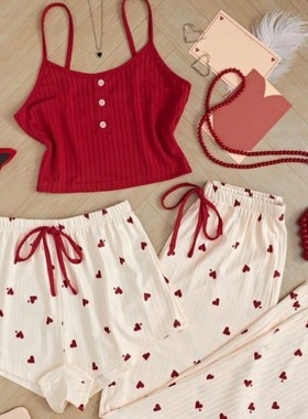 Peach Heart Pajamas, Women's Shorts, Pants,Sexy Home Clothes