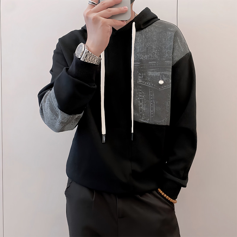 Y337/P78控108秋季痞帅小伙小众设计做旧连帽拼接卫衣男长袖黑首,男装卫衣,星座305B