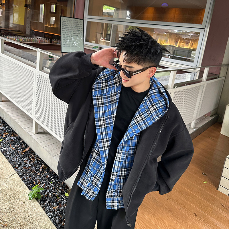 双层领假两件男女秋季叠穿宽松情侣款连帽卫衣外套Y332/P88控118,女装短外套,星座305B