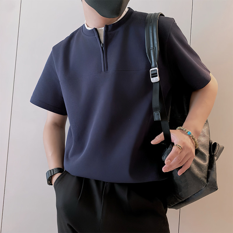 8972/P58控78夏季小伙休闲假两件亨利领半拉链潮牌短袖男灰首图2,男装T恤,星座305B