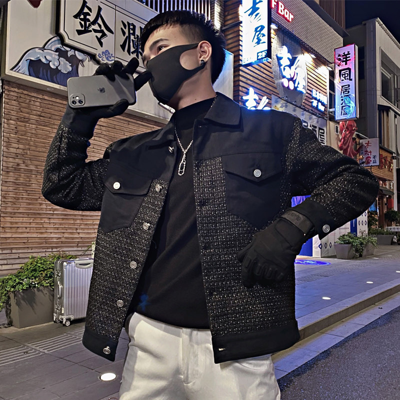 JK03/P118控1582025秋社会小伙小香风拼料夹克痞帅外套男黑首1,男装夹克,星座305B