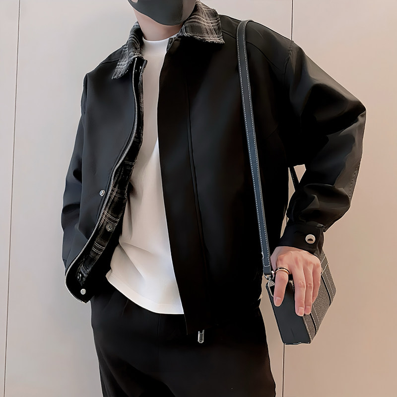 JK319/P128控168秋季小伙古着假两件格纹拼接棒球夹克外套男咖首1,男装夹克,星座305B