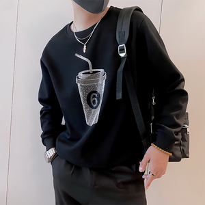 Y334/P58控78秋季痞帅小伙重工烫钻杯圆领打底衫设计感卫衣男黑首图片