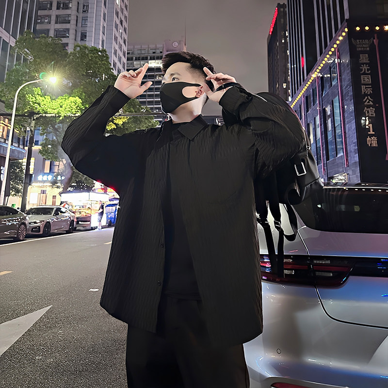 S101/P58控78 春秋季肌理感通勤长袖衬衫轻奢韩系百搭外套男黑首1图片