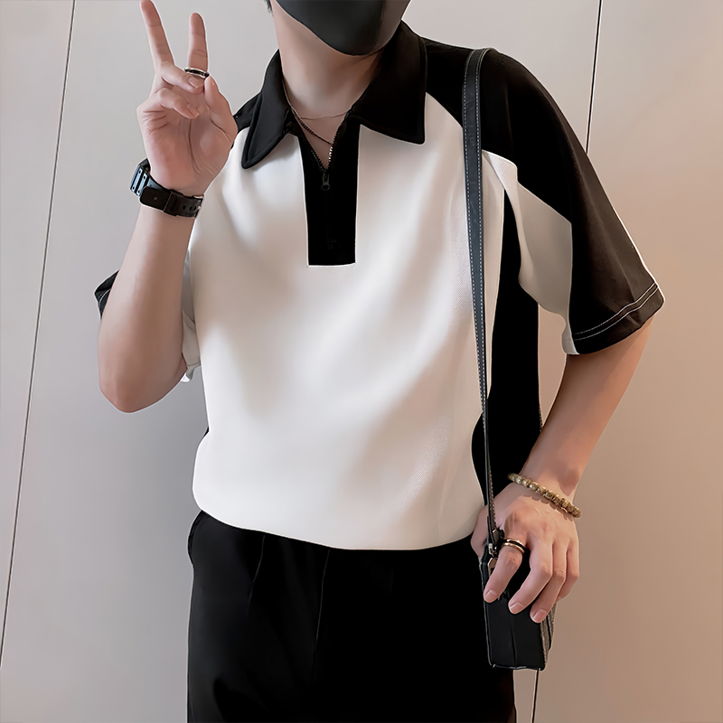 8984/P48控68夏季小伙高档撞色黑白拼接轻奢polo衫短袖T恤男白首1，男装Polo衫，星座305B