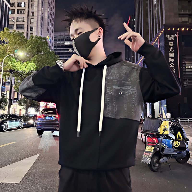Y337/P78控108秋季痞帅小伙小众设计做旧连帽拼接卫衣男长袖黑首,男装卫衣,星座305B