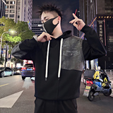 Y337/P78控108秋季痞帅小伙小众设计做旧连帽拼接卫衣男长袖黑首，男装卫衣，星座305B