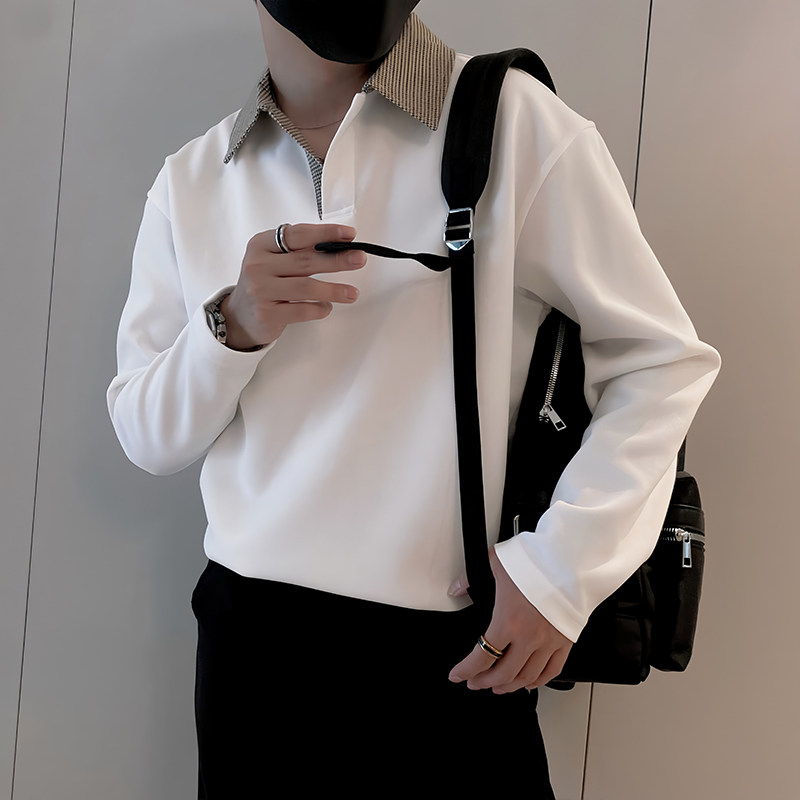 Y331/P49控69秋季小伙美式千鸟格拼接Polo衫长袖体恤白色首图,男装Polo衫,星座305B