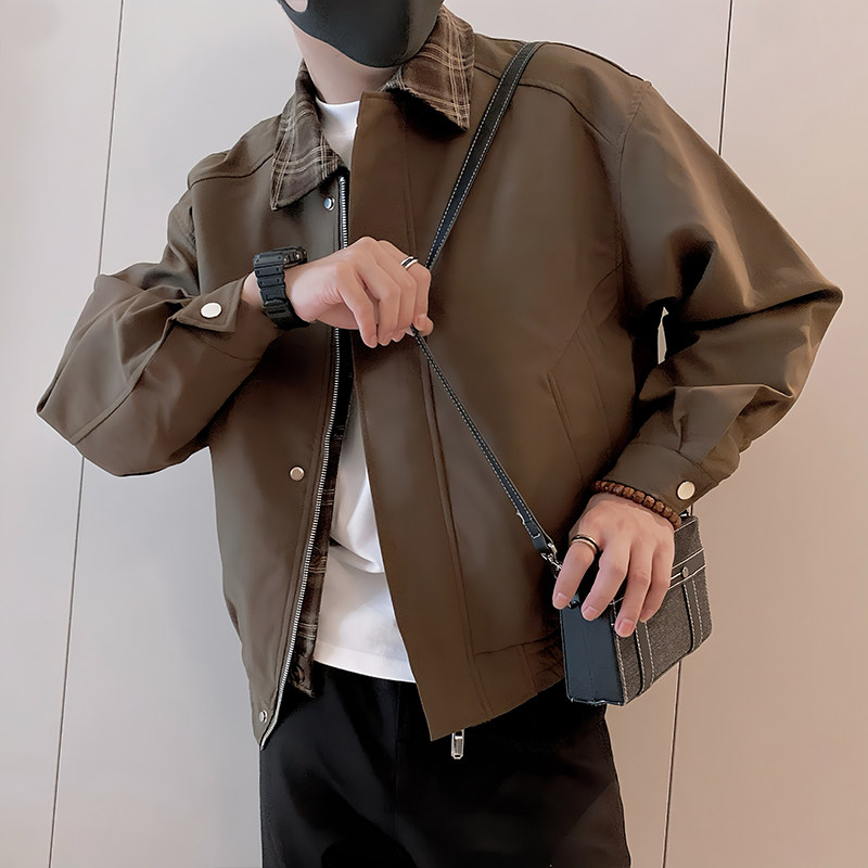 JK319/P128控168秋季小伙古着假两件格纹拼接棒球夹克外套男咖首1,男装夹克,星座305B