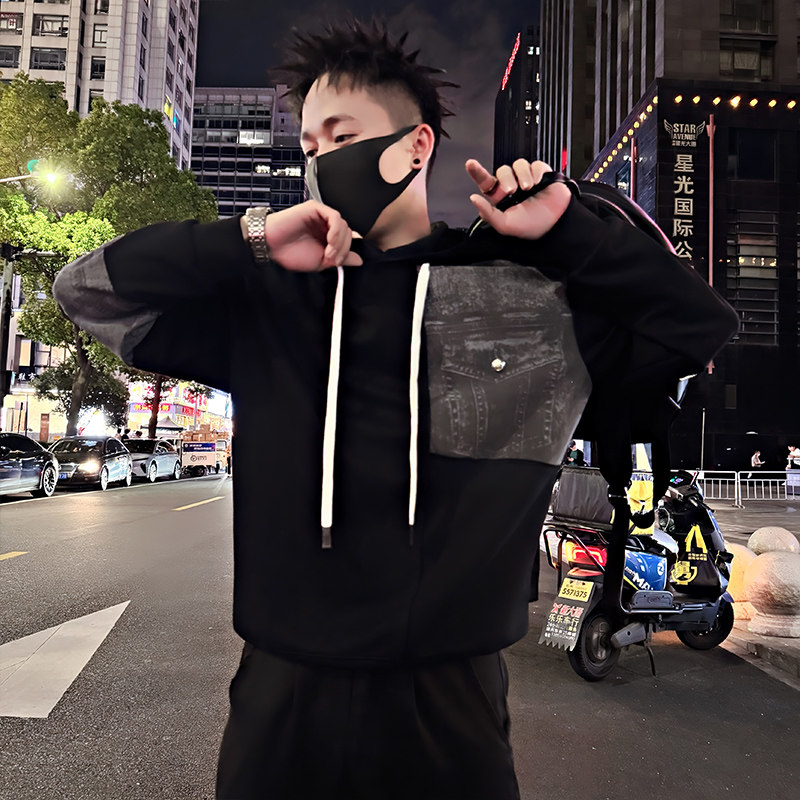 Y337/P78控108秋季痞帅小伙小众设计做旧连帽拼接卫衣男长袖黑首,男装卫衣,星座305B