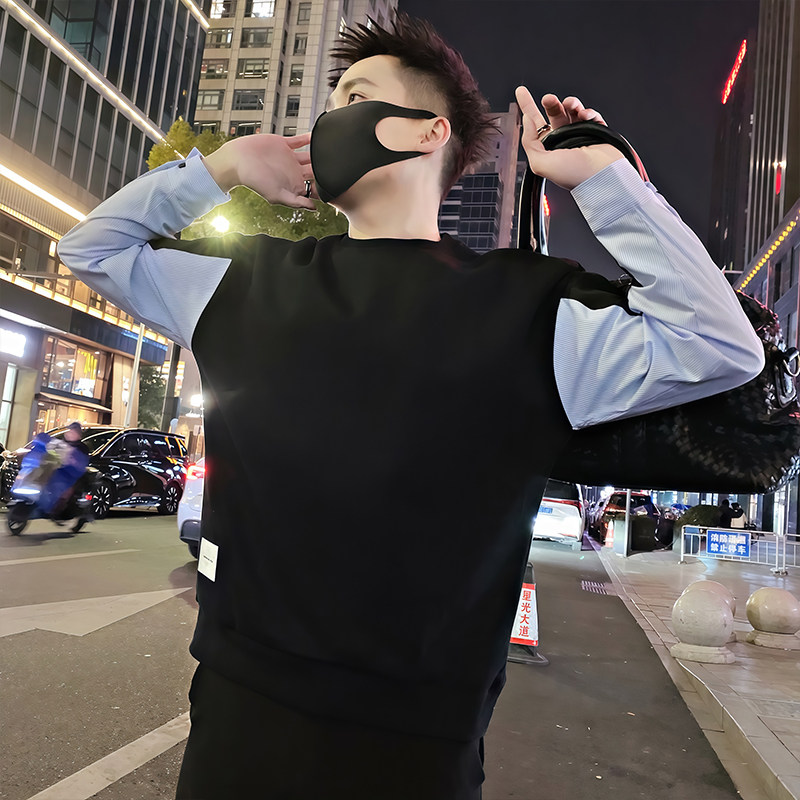 Y223/P58控78秋季痞帅小伙重工艺条纹设计感打底衫梭织卫衣男黑首图片