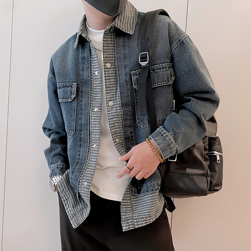 JK339/P115控155春秋季痞帅假两件渐变洗水牛仔夹克轻奢外套蓝首,男装工装外套,星座305B