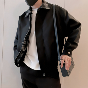 JK319/P128控168秋季小伙古着假两件格纹拼接棒球夹克外套男黑首1,男装夹克,星座305B