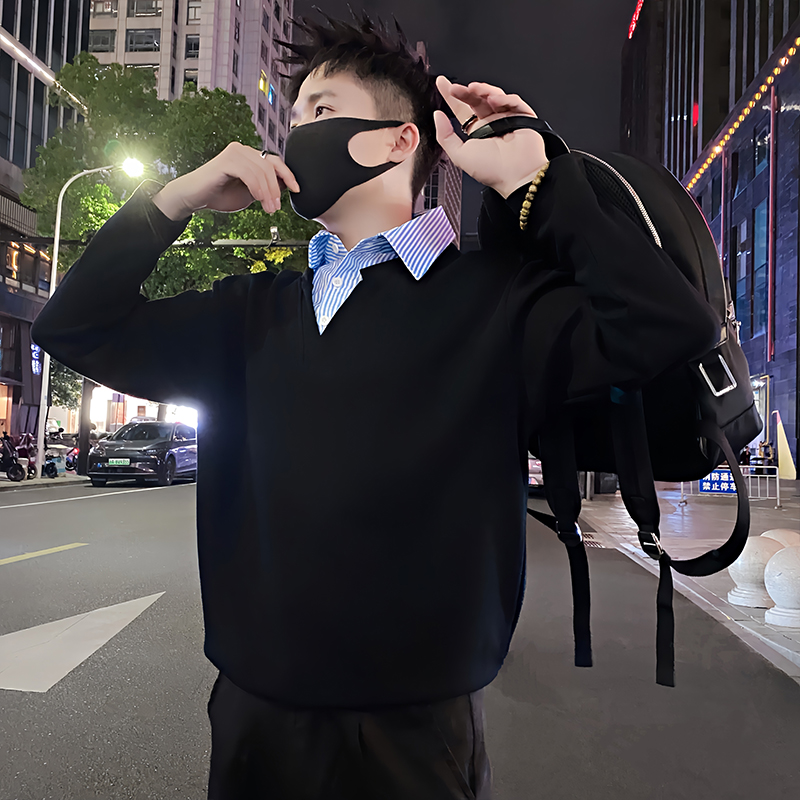 Y330/特P58控78秋季小伙小众设计感假两件衬衫Polo长袖体恤灰首1，男装T恤，星座305B