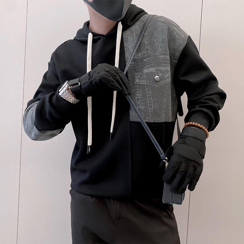 Y337/P78控108秋季痞帅小伙小众设计做旧连帽拼接卫衣男长袖黑首,男装卫衣,星座305B
