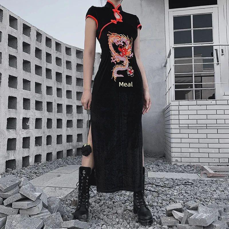 Chinese Stand Collar Gothic Dress Emboridery Dragon Qipao Bl