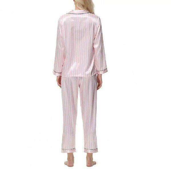 Lapel Stripe Shirts Pants Suits Luxurious Silk Satin Pajama