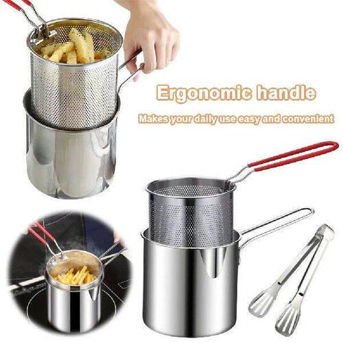 Stainless Steel Fry Pot with Strainer and Food Tongs for