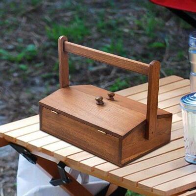 Wooden Picnic Basket with Handle and Cover Fruit Holder