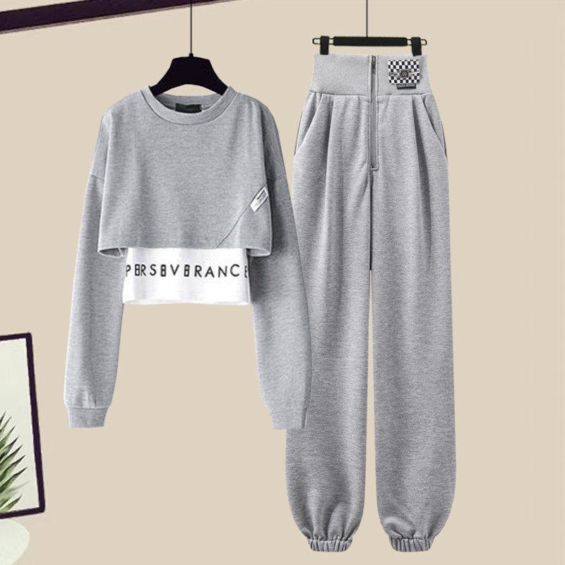春秋灰色运动休闲裤套装女2025年新款时尚韩版短款卫衣炸街两件套
