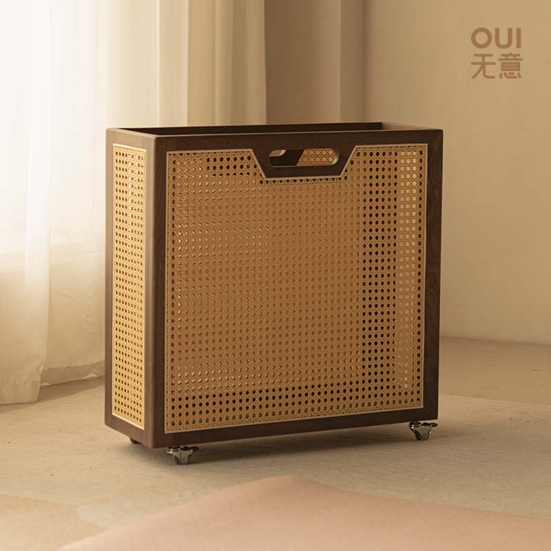 无意瑜伽垫健身器材收纳篮黑胡桃木藤编羽毛球置物收纳架筐带轮