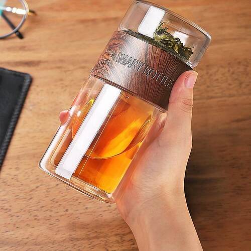 日本茶杯喝水杯GP办公室便携加厚双层玻璃保温茶水分离水杯耐高温