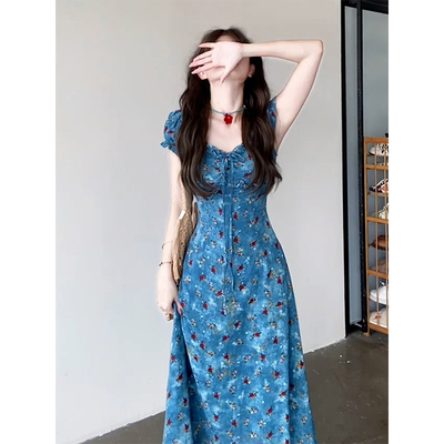 法式甜美蓝色碎花短袖连衣裙女装