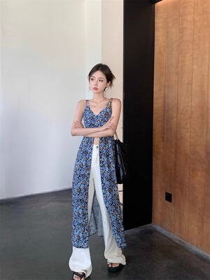 度假风连衣裙碎花吊带中长裙子