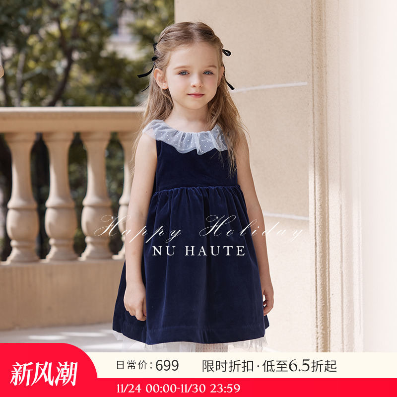 NU童装天鹅绒无袖网纱领礼服裙