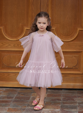 NU童装 25年夏季女童法式复古镶钻闪片飞袖网纱礼服裙生日连衣裙