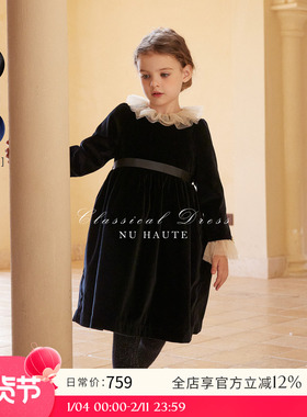 NU童装 女童春秋法式复古黑天鹅绒赫本节日礼服连衣裙演出服年服
