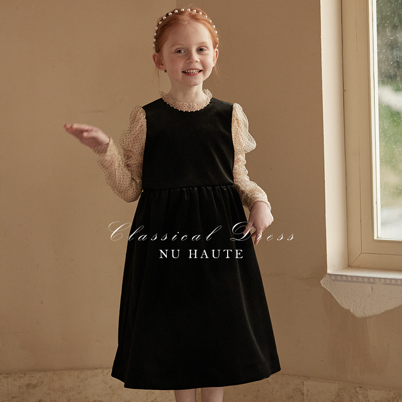 NU童装  春秋季高级质感平绒真丝拼接小立领礼服裙法式复古连衣裙