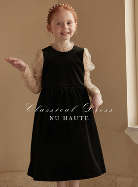 NU童装  春秋季高级质感平绒真丝拼接小立领礼服裙法式复古连衣裙