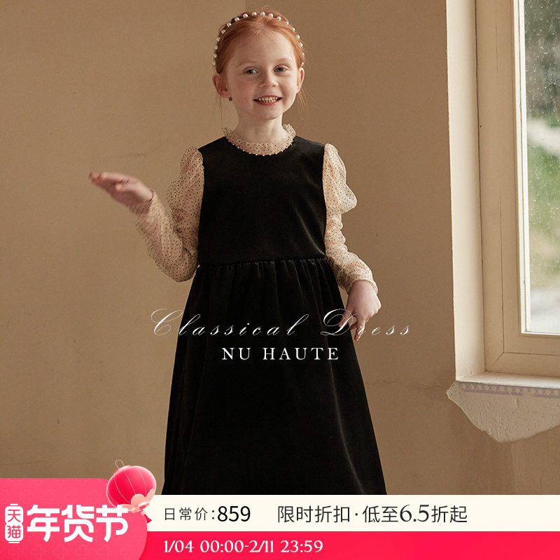 NU童装  春秋季高级质感平绒真丝拼接小立领礼服裙法式复古连衣裙