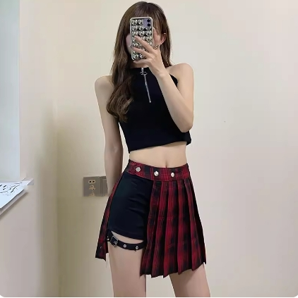 美式辣妹女团风设计感格子百褶裙不规则爵士舞蹈A字半身裙短裙裤