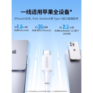 绿联iphone15pd快充充电线双typec数据线ipad转双头usbc适用华为小米苹果promax笔记本手机平板车载ctoc口